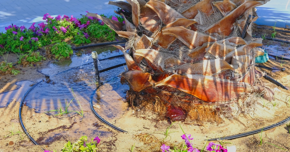 Palm tree with black tubes encircling the base, showing how efficient drip irrigation is in delivering water directly to the roots of the tree.