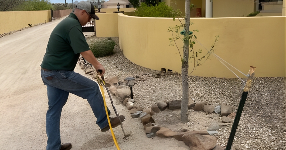 The Best 2026 Tree Care Plan For North Phoenix Homeowners Titan tree care technician performing root zone fertilization treatment using soil injector on a young tree in an anthem residential yard.