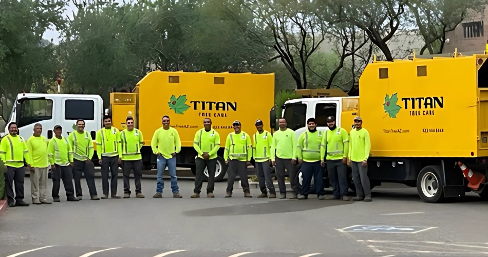 Fourteen members of titan tree care wearing bright yellow and standing in an empty parking lot front of two of their chip trucks featuring their logo