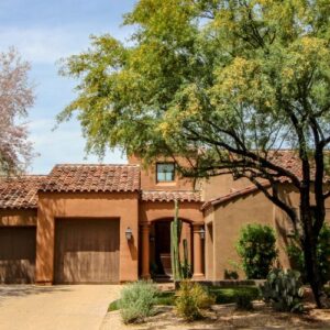 A stunning front yard in Anthem, AZ with native shade trees.