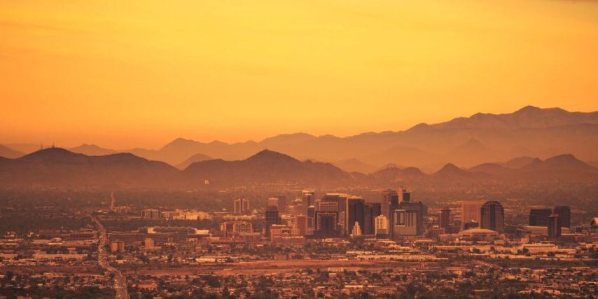 The Phoenix area at sunset, with an orange tint covering the area, showing that Phoenix is an urban heat island.