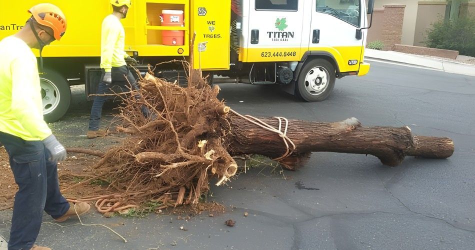 Storm-Damaged Tree In Norterra? Here'S What To Do Next Titan tree care crew removing an uprooted storm-damaged tree with exposed roots in a phoenix-area neighborhood.
